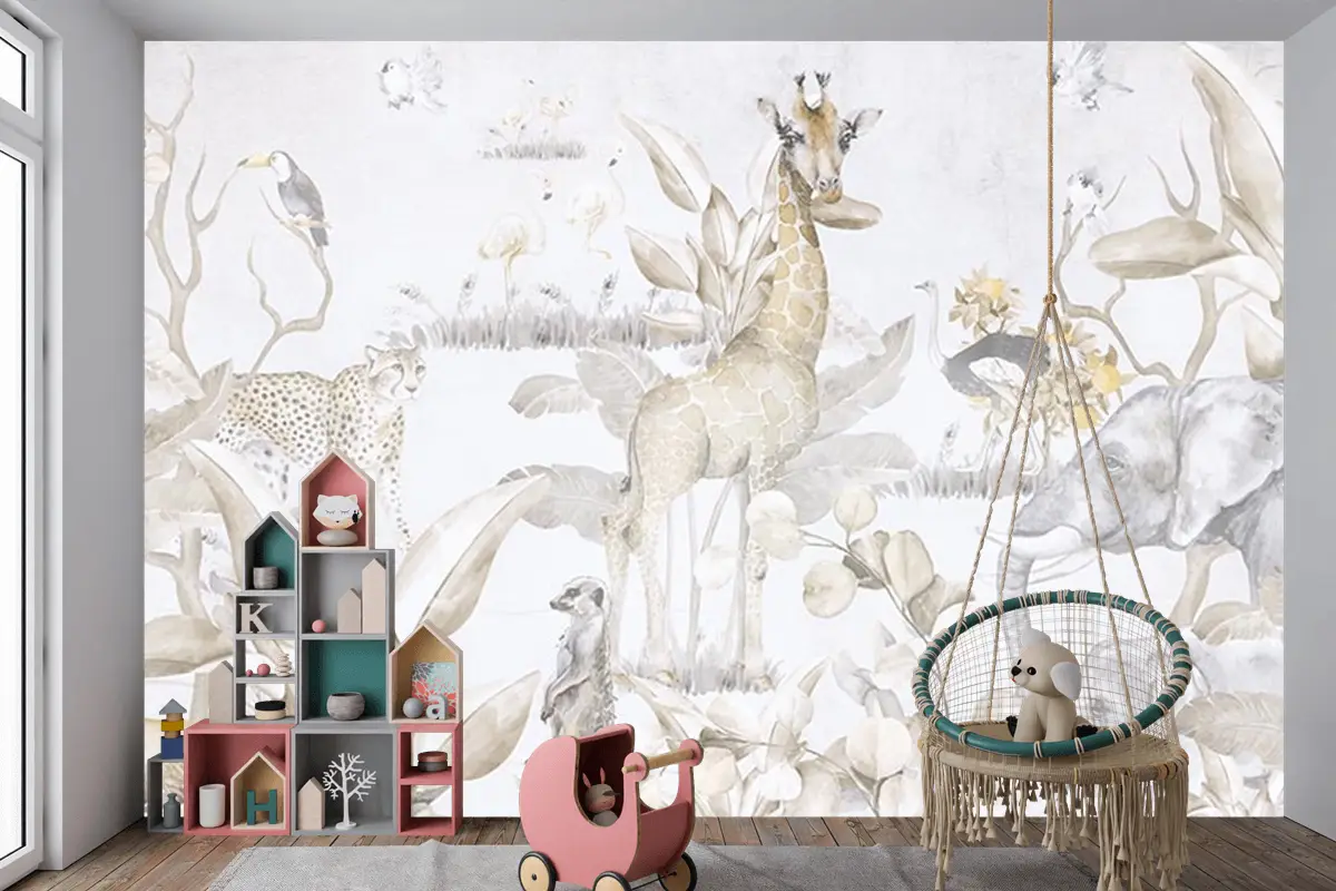 Safari Hayvanları Ve Ağaçlar Çocuk Odası Duvar Kağıdı