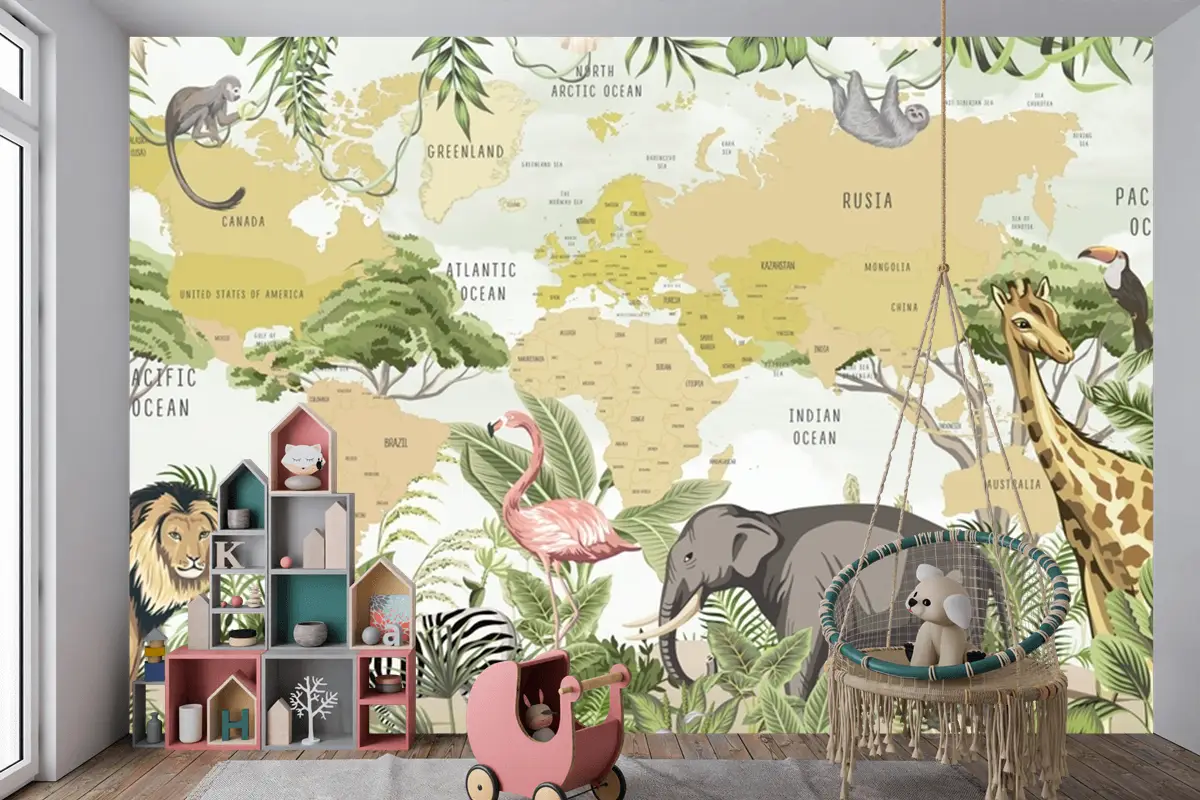 Safari Hayvanları Zürafa Zebra Aslan Flamingo Çocuk Odası Duvar Kağıdı