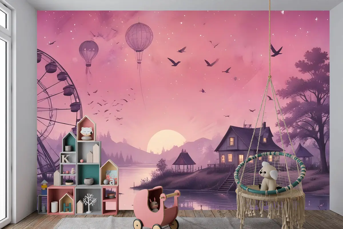 Dönme Dolap Ile Deniz Manzarası Çocuk Odası Duvar Kağıdı