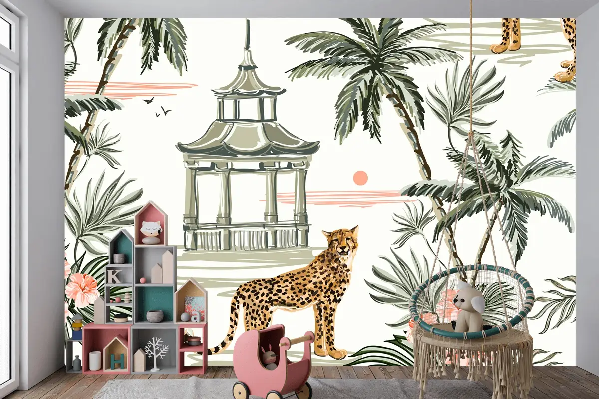 Hindistan Cevizi Palmiye Ağaçları Leopar Çocuk Odası Duvar Kağıdı Ile Dikişsiz Desen Arka Plan
