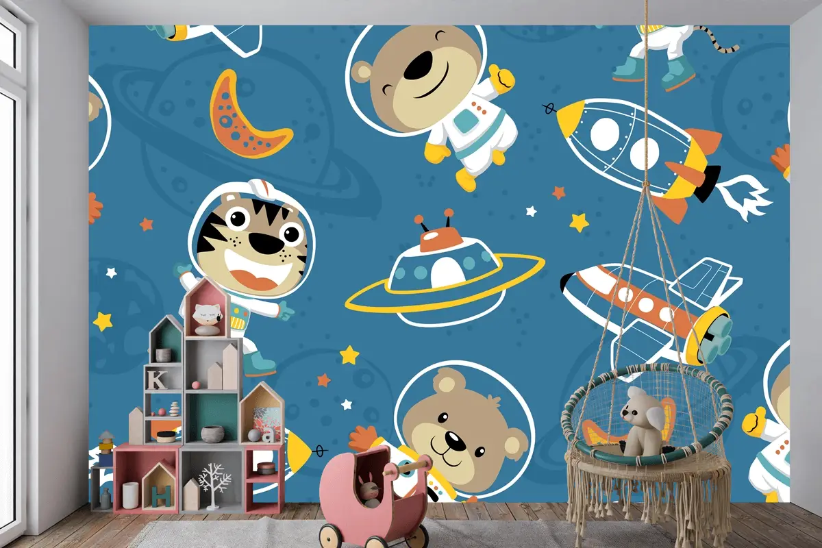 Uzay Taşımacılığındaki Komik Astronotun Kusursuz Deseni Çocuk Odası Duvar Kağıdı