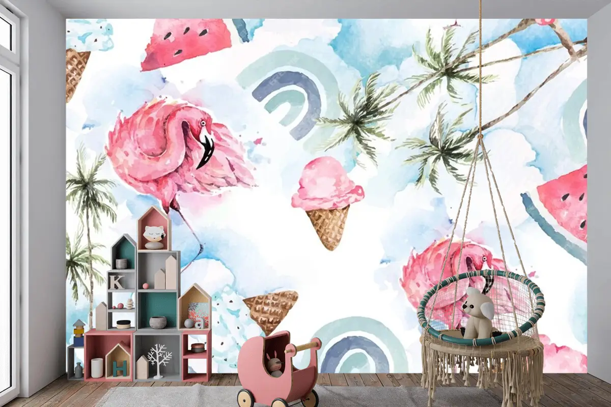 Dikişsiz Desen Palmiye Ağacı Ve Flamingo Çocuk Odası Duvar Kağıdı
