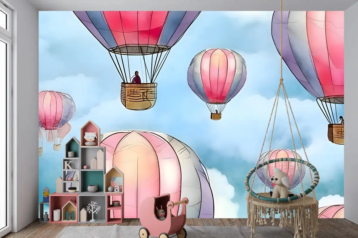 Gökyüzünde Renkli Sıcak Hava Balonları Ile Kusursuz Desen Çocuk Odası Duvar Kağıdı
