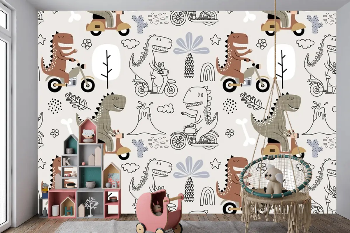 Sevimli Dinozorun Motosiklete Bindiği Kusursuz Desen Çocuk Odası Duvar Kağıdı