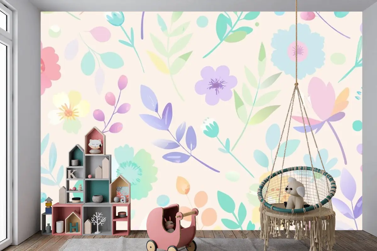 Pastel Renklerde Çiçekler Ve Yapraklarla Kusursuz Desen Çocuk Odası Duvar Kağıdı