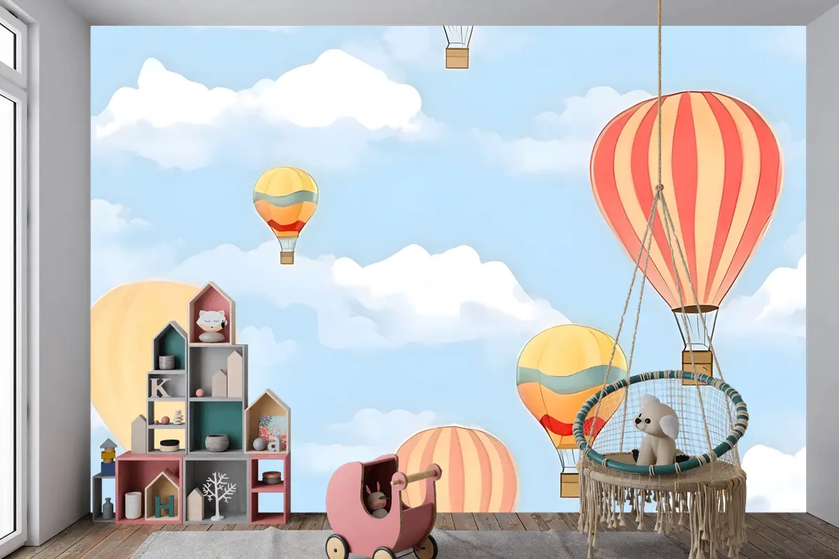 Gökyüzünde Sıcak Hava Balonları Ile Dikişsiz Desen Çocuk Odası Duvar Kağıdı