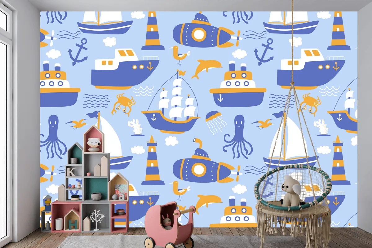 Gemiler Ile Seamless Modeli Çocuk Odası Duvar Kağıdı