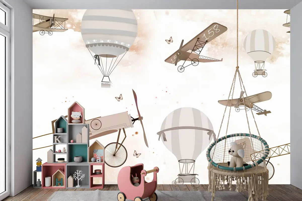 Sepya Uçaklar ve Sıcak Hava Balonları Temalı Çocuk Odası Duvar Kağıdı