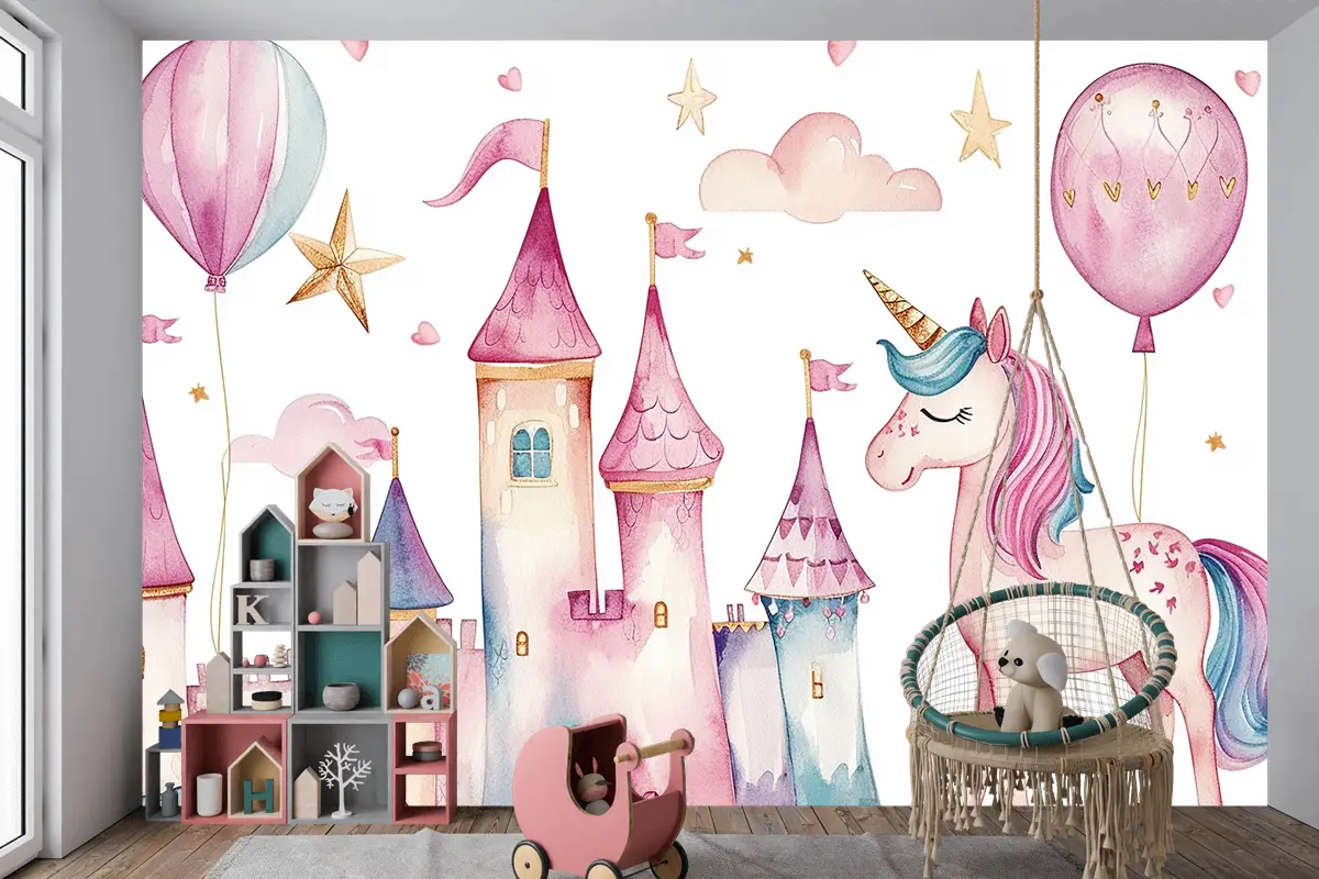 Çocuklar İçin Sevimli Suluboya Krallık Tek Boynuzlu At Ve Kale Seti Doğum Günü Partisi Çocuk Odası Duvar Kağıdı