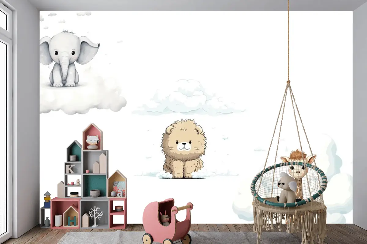 Sute Bebek Komik Hayvanlar Fil Zürafa Aslan Çocuk Odası Duvar Kağıdı Seti