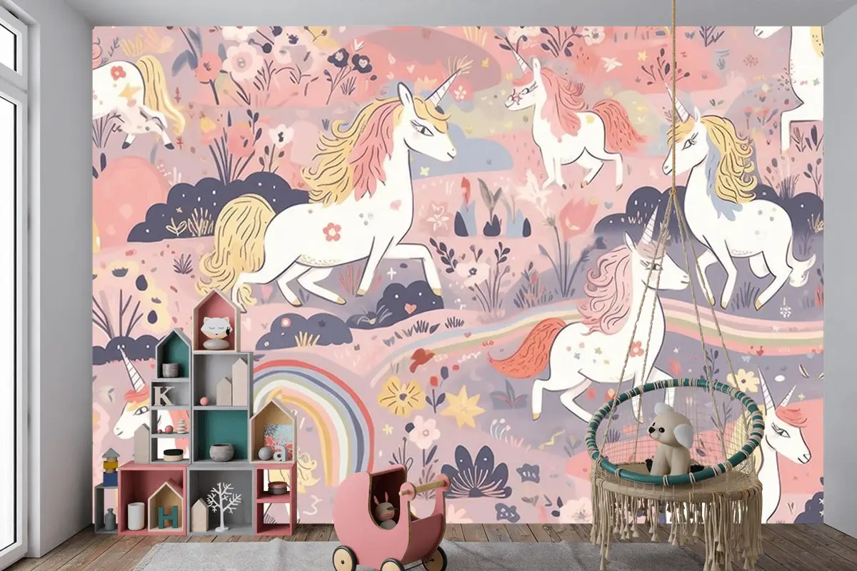 Sevimli Boynuzlu Atlar Çocuk Odası Duvar Kağıdı