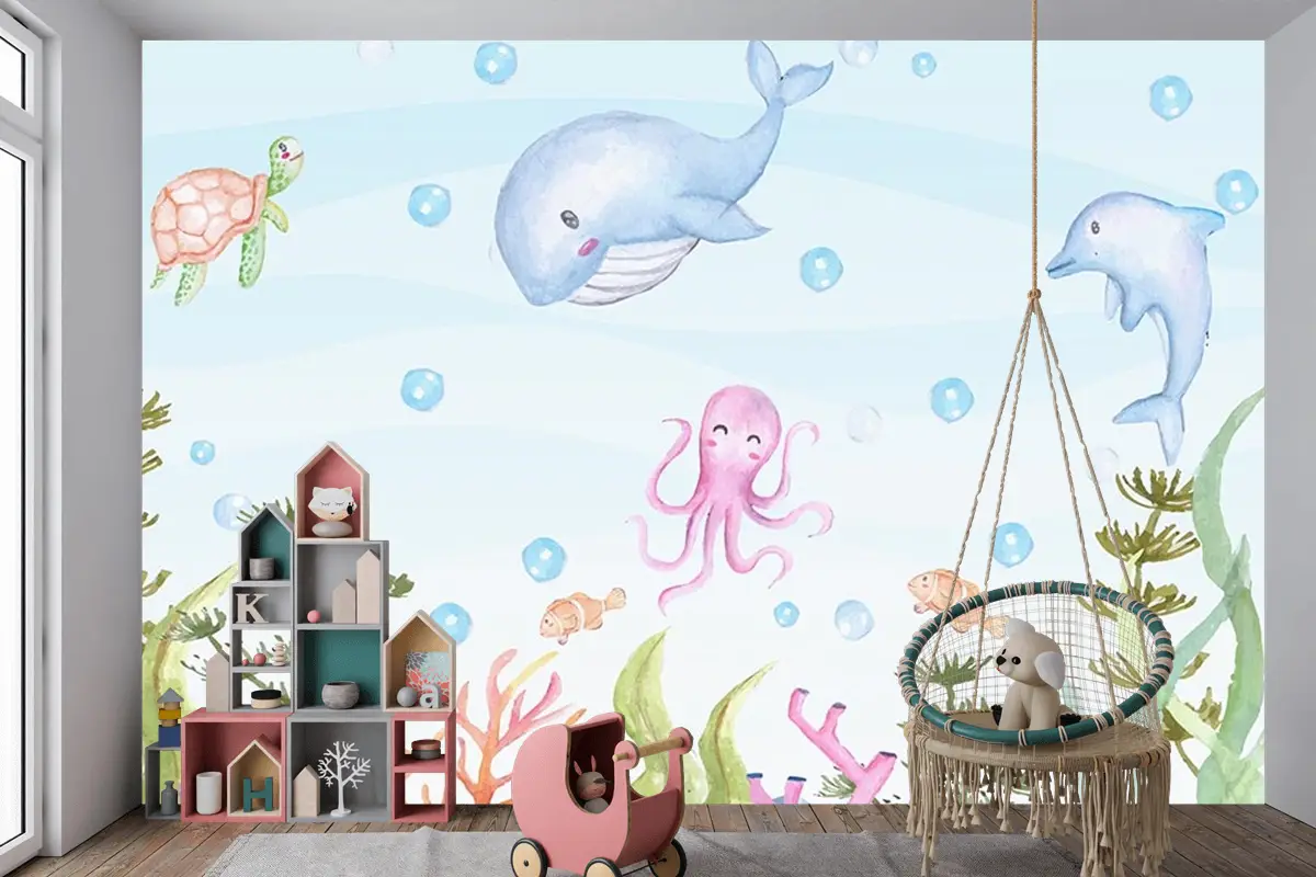 Sevimli Deniz Canlıları Balıklar Çocuk Odası Duvar Kağıdı