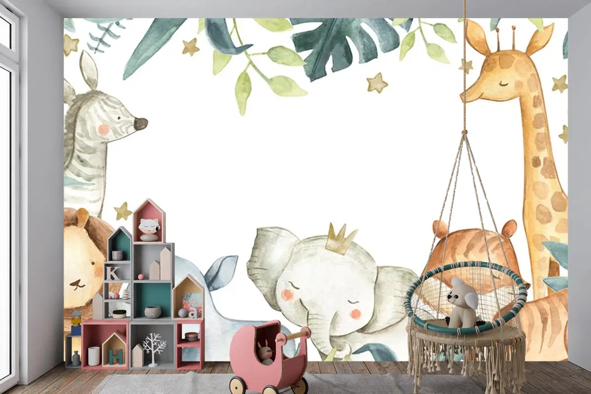 Sevimli Hayvanlar Tropikal Yapraklar Çocuk Odası Duvar Kağıdı