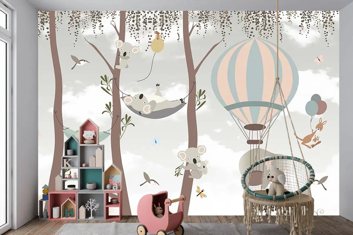 Sevimli Koalalar Ve Uçan Balonlar Çocuk Odası Duvar Kağıdı