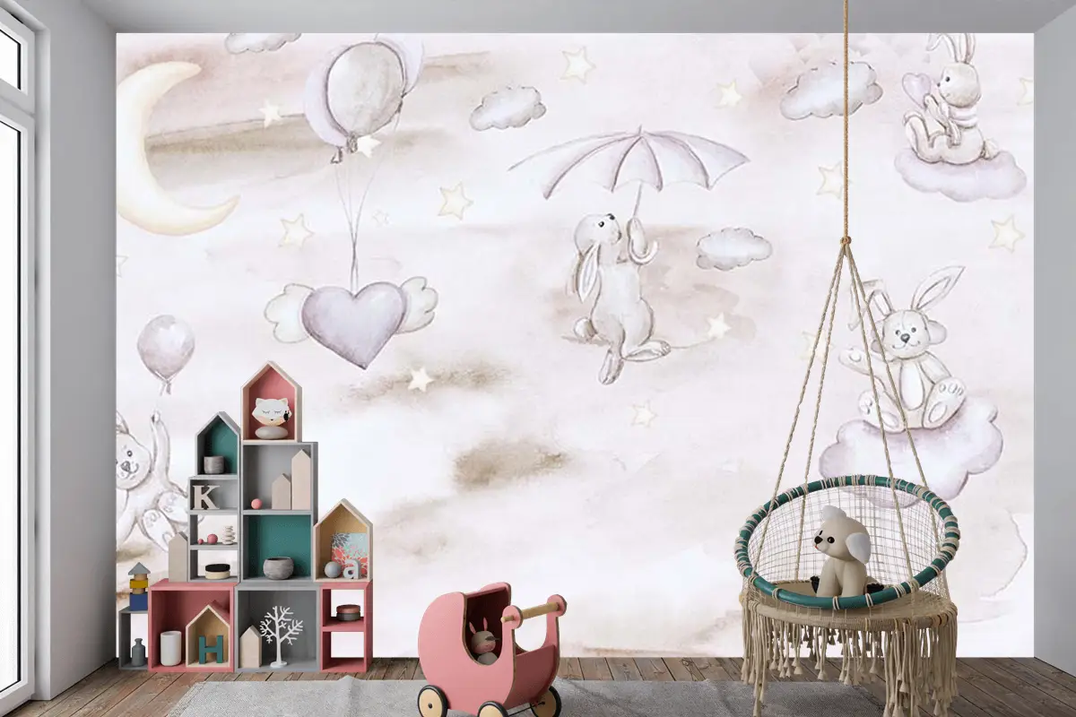 Sevimli Tavşanlar Bulutların Üzerinde Çocuk Odası Duvar Kağıdı