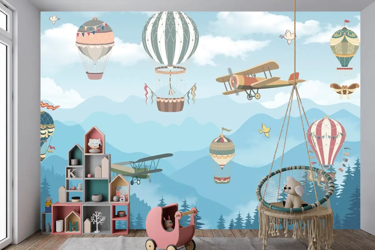 Sıcak Hava Balonları Ve Dağlar Çocuk Odası Duvar Kağıdı