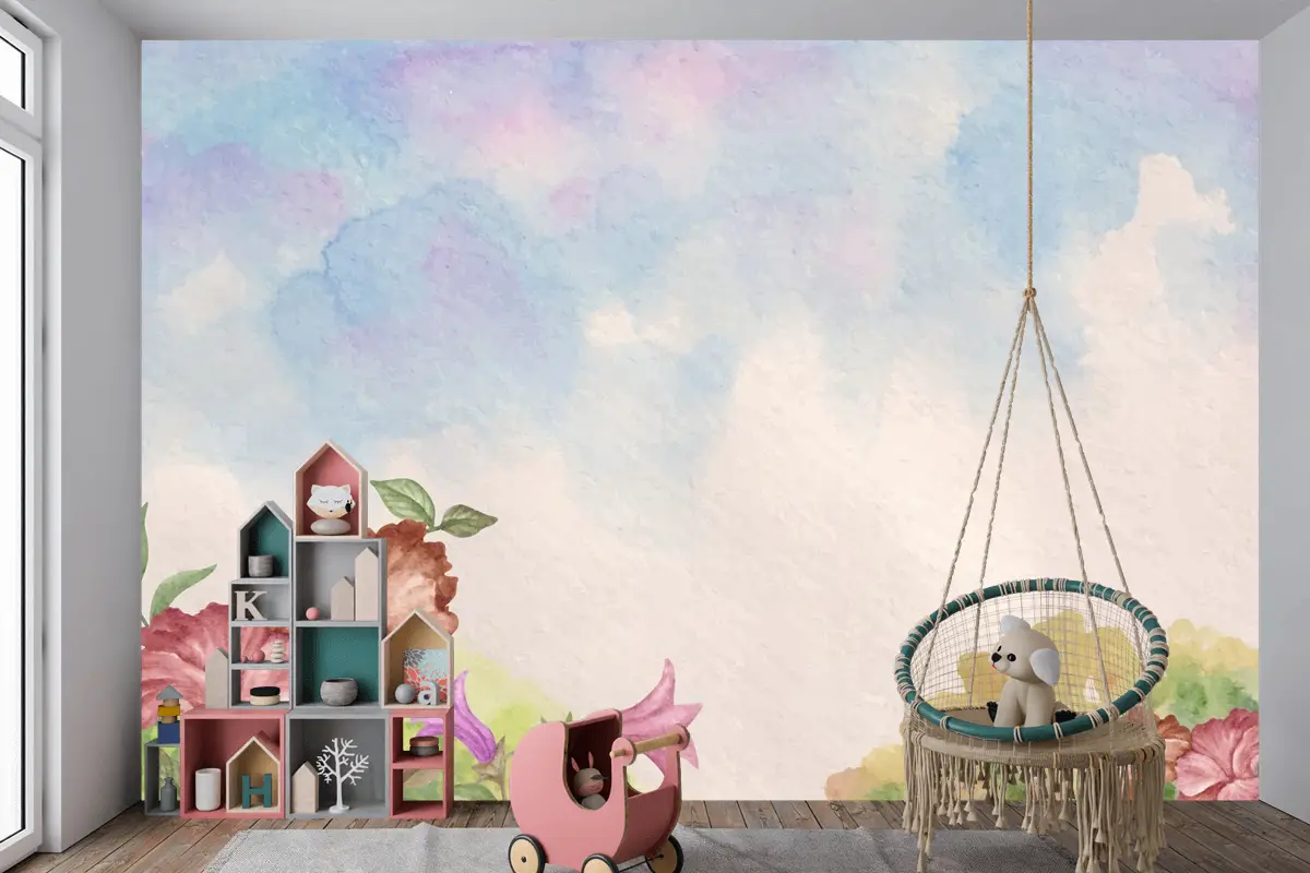 Gökyüzü Görünümü Suluboya Manzara Arka Plan Çiçekli Çocuk Odası Duvar Kağıdı