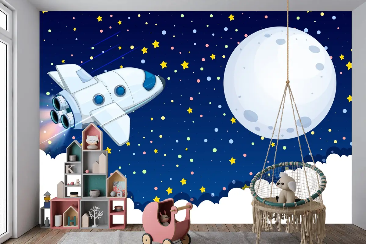 Aya Uçan Uzay Gemisi Çocuk Odası Duvar Kağıdı