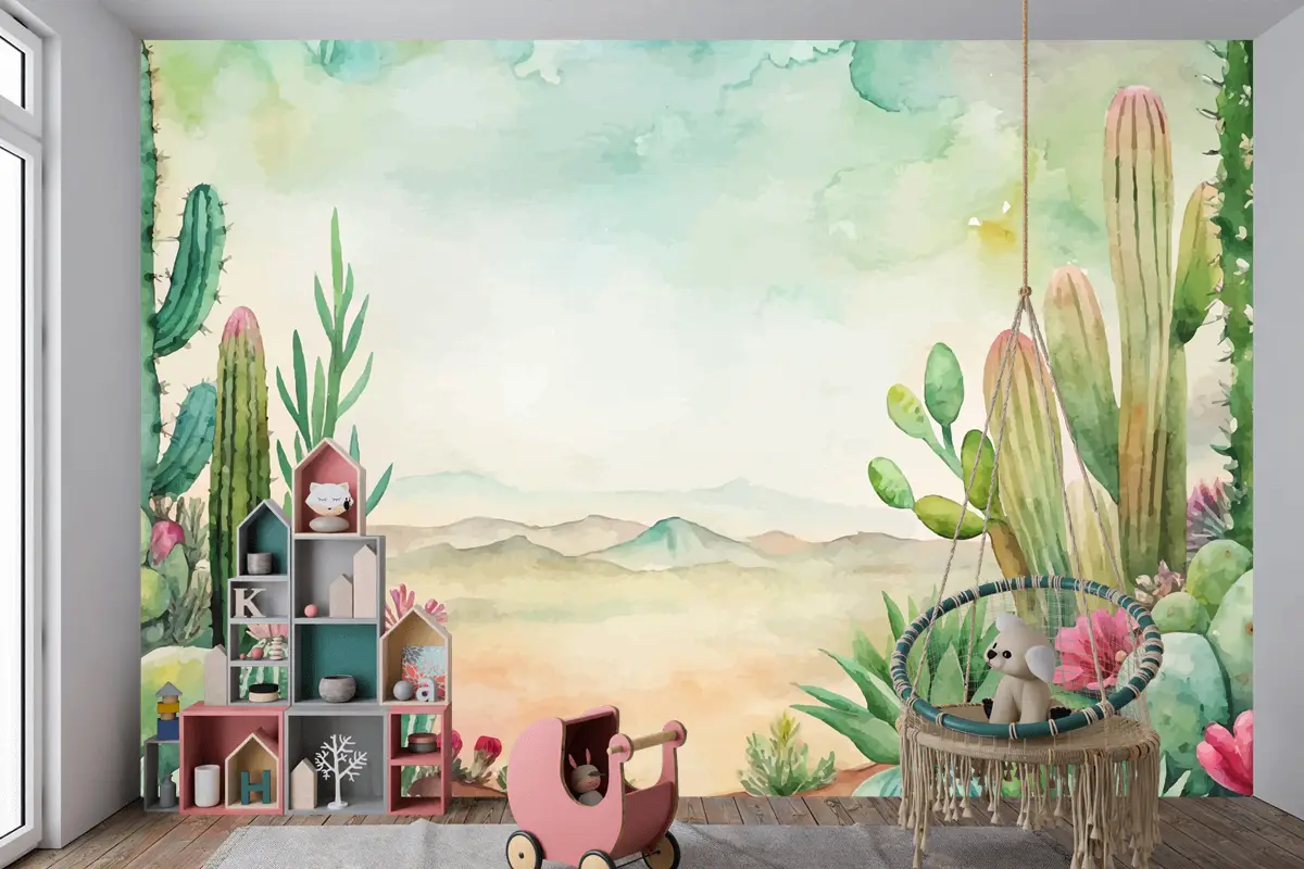 Etli Ve Kaktüs Suluboya Arka Plan Çocuk Odası Duvar Kağıdı