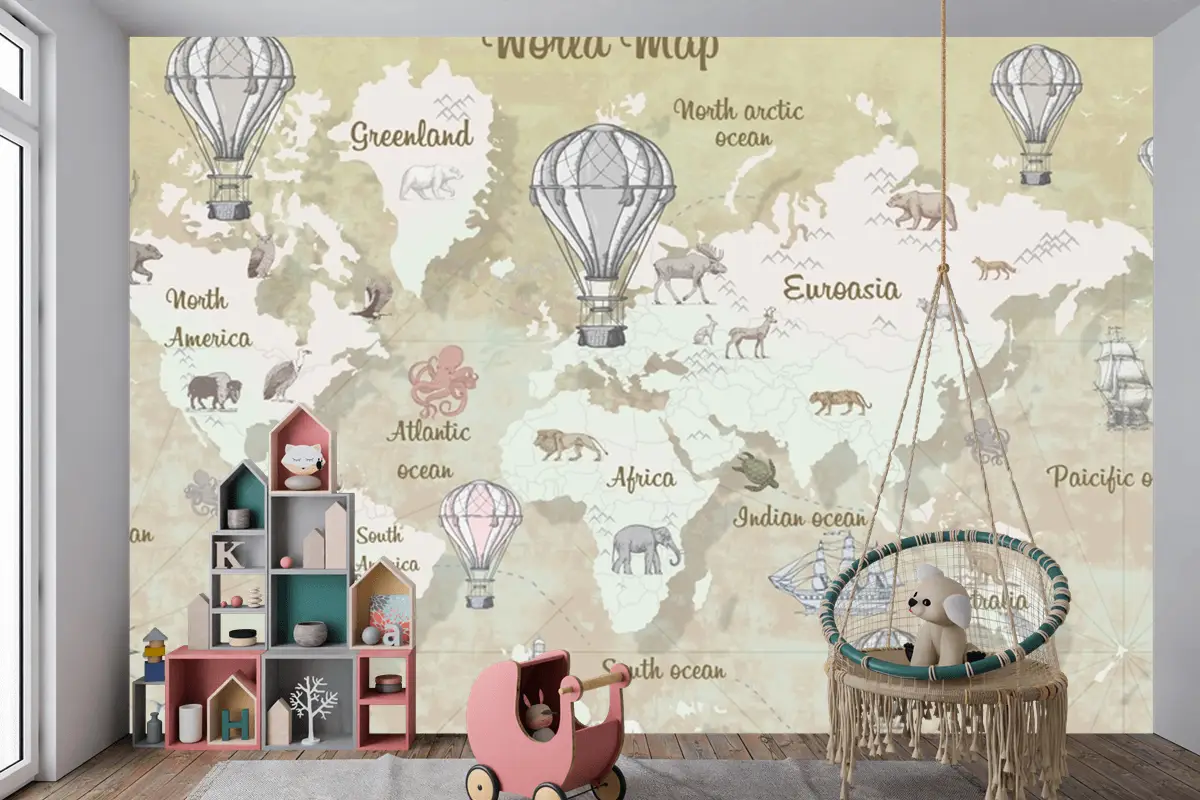Suluboya Eğitici Dünya Haritası Çocuk Duvar Kağıdı