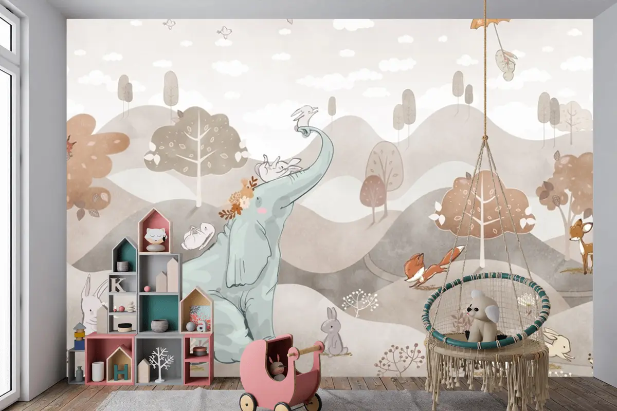 Suluboya Fil Tilki Geyik Çocuk Odası Duvar Kağıdı
