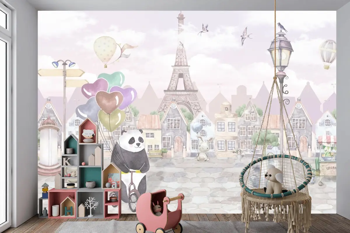 Suluboya Paris Sokağı Eski Şehir Bisikletli Panda Çocuk Bebek Odası Duvar Kağıdı