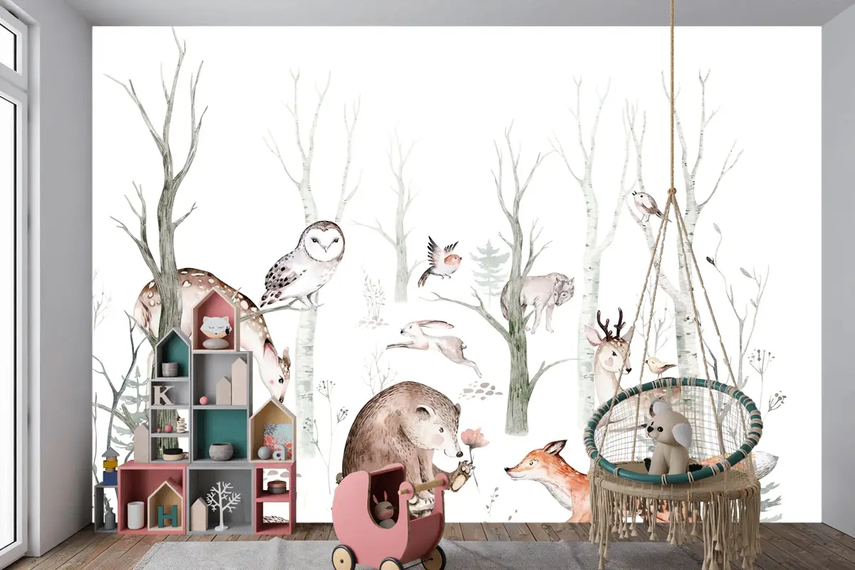 Tilki Geyik Ayı ve Orman Hayvanları Çocuk Odası Duvar Kağıdı