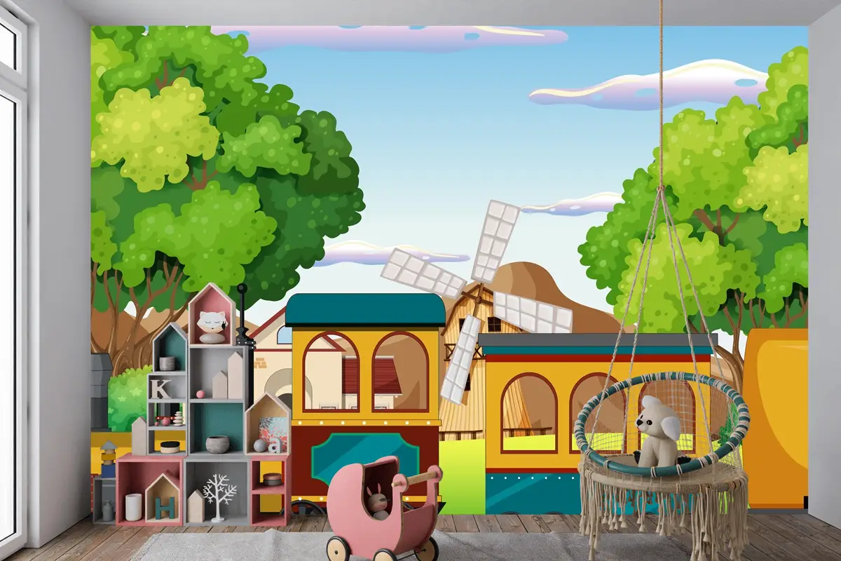 Doğal Sahneli Tren Çocuk Odası Duvar Kağıdı