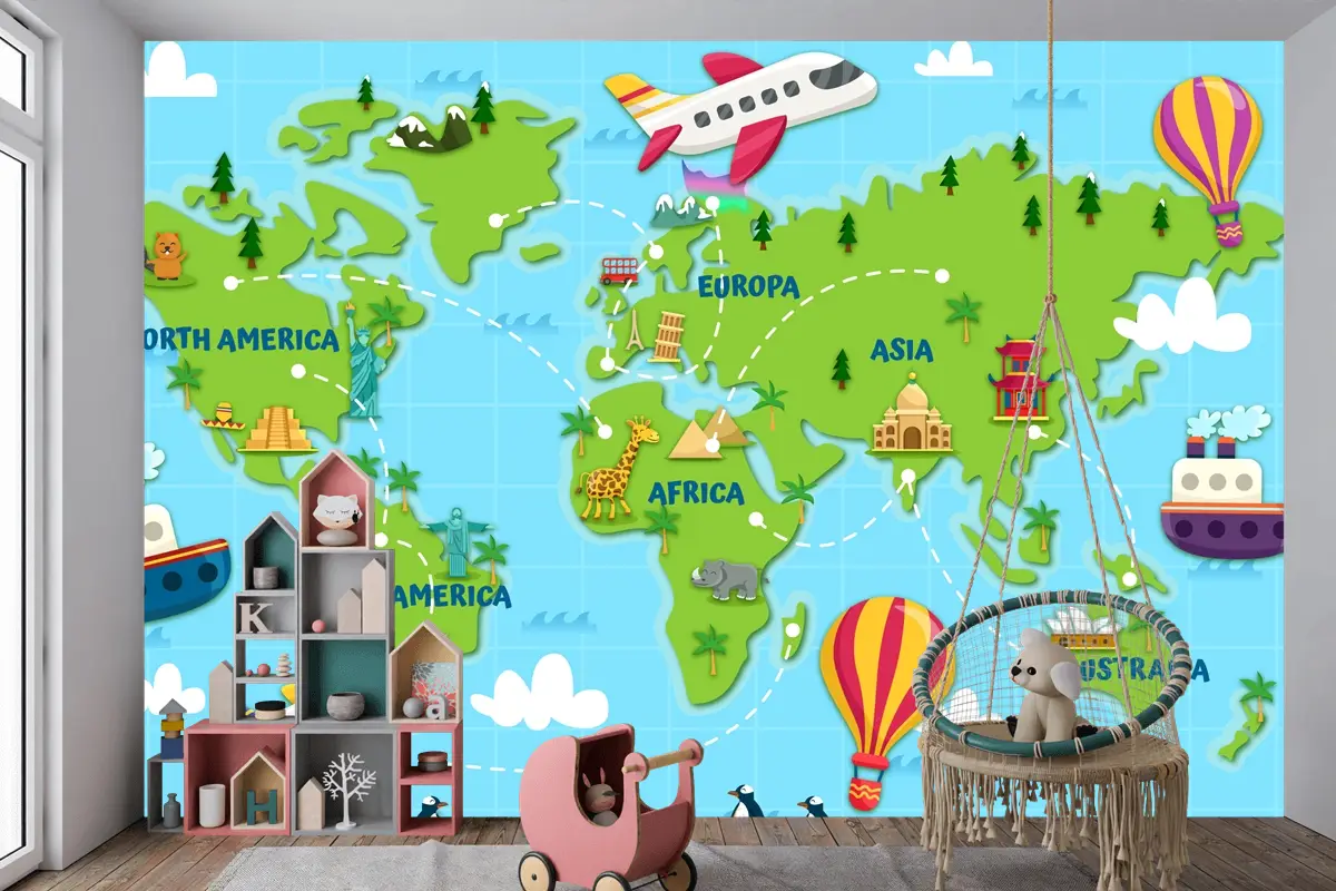 Dünyayı Seyahat Dünya Haritası Çocuk Odası Duvar Kağıdı 