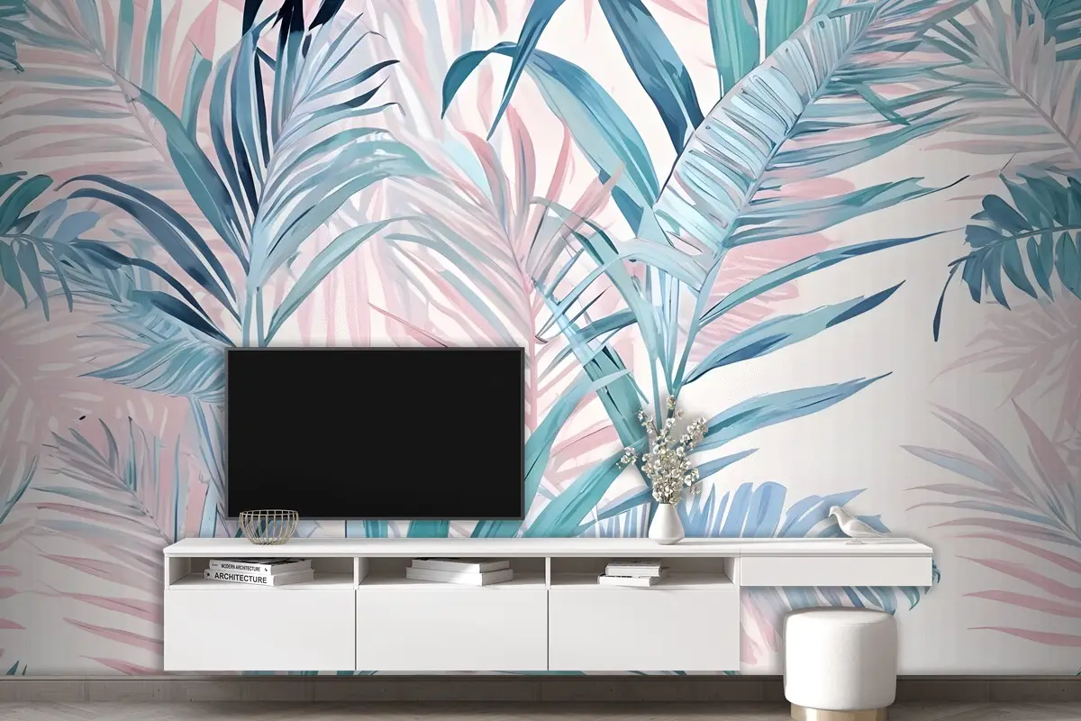 Tropikal Pembe Egzotik Renkli Palmiye Yaprağı Duvar Kağıdı