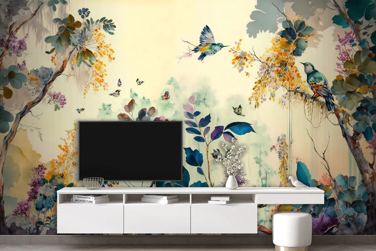 Tropikal Kuşlar Sarı Temalı Duvar Kağıdı