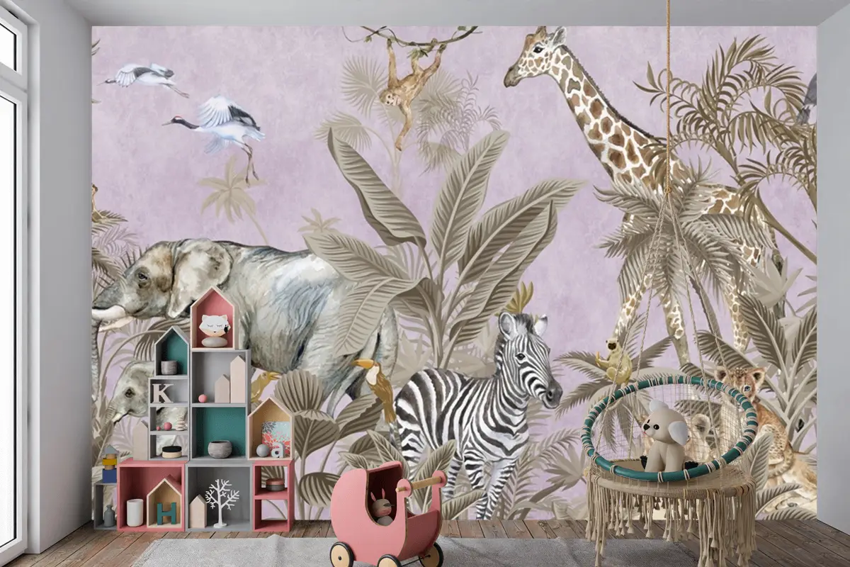 Tropikal Orman Ağaçları Mor Arka Plan Fil Zebra Aslanlar Çocuk Duvar Kağıdı