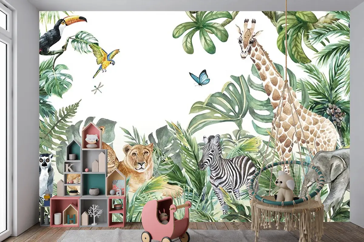 Tropikal Safari Hayvanlari Çocuk Odası Duvar Kağıdı
