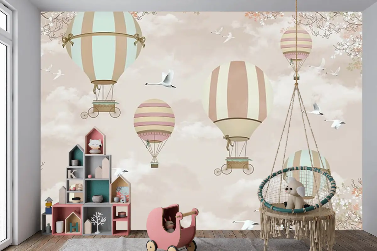 Uçan Balonlar  Çiçekler Ve Kuşlar Çocuk Odası Duvar Kağıdı