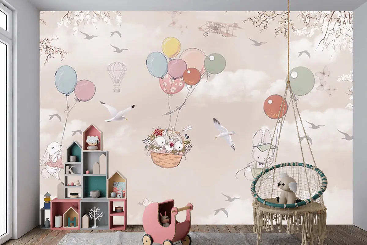 Uçan Balonlar Ve Sevimli Tavşanlar Çocuk Odası Duvar Kağıdı
