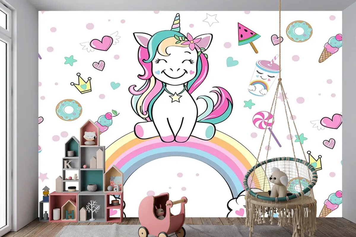 Unicorn Gökkuşağı Çocuk Odası Duvar Kağıdı
