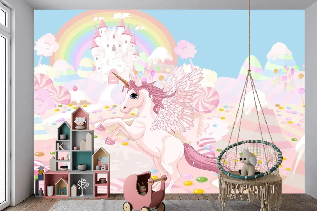 Unicorn Ve Gökkuşağı Duvar Sanatı Çocuk Odası Duvar Kağıdı