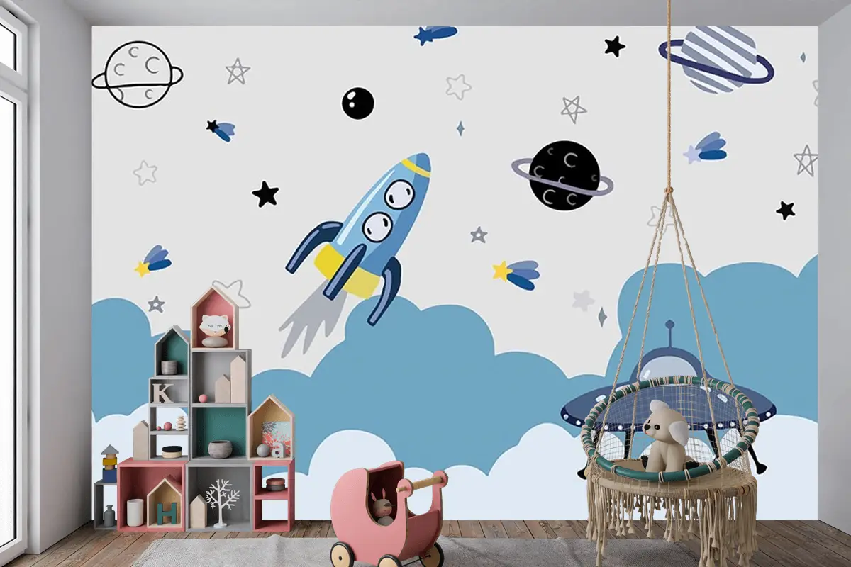 Uzay Temalı Çocuk Odası Duvar Kağıdı Astronot Çocuk Odası Duvar Kağıdı