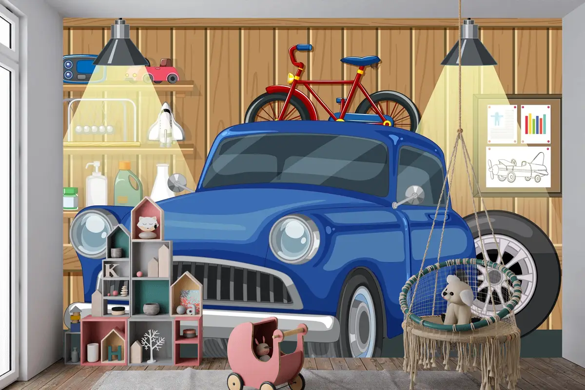 Ahşap Garajda Eski Model Araba Ve Bisiklet Çocuk Odası Duvar Kağıdı