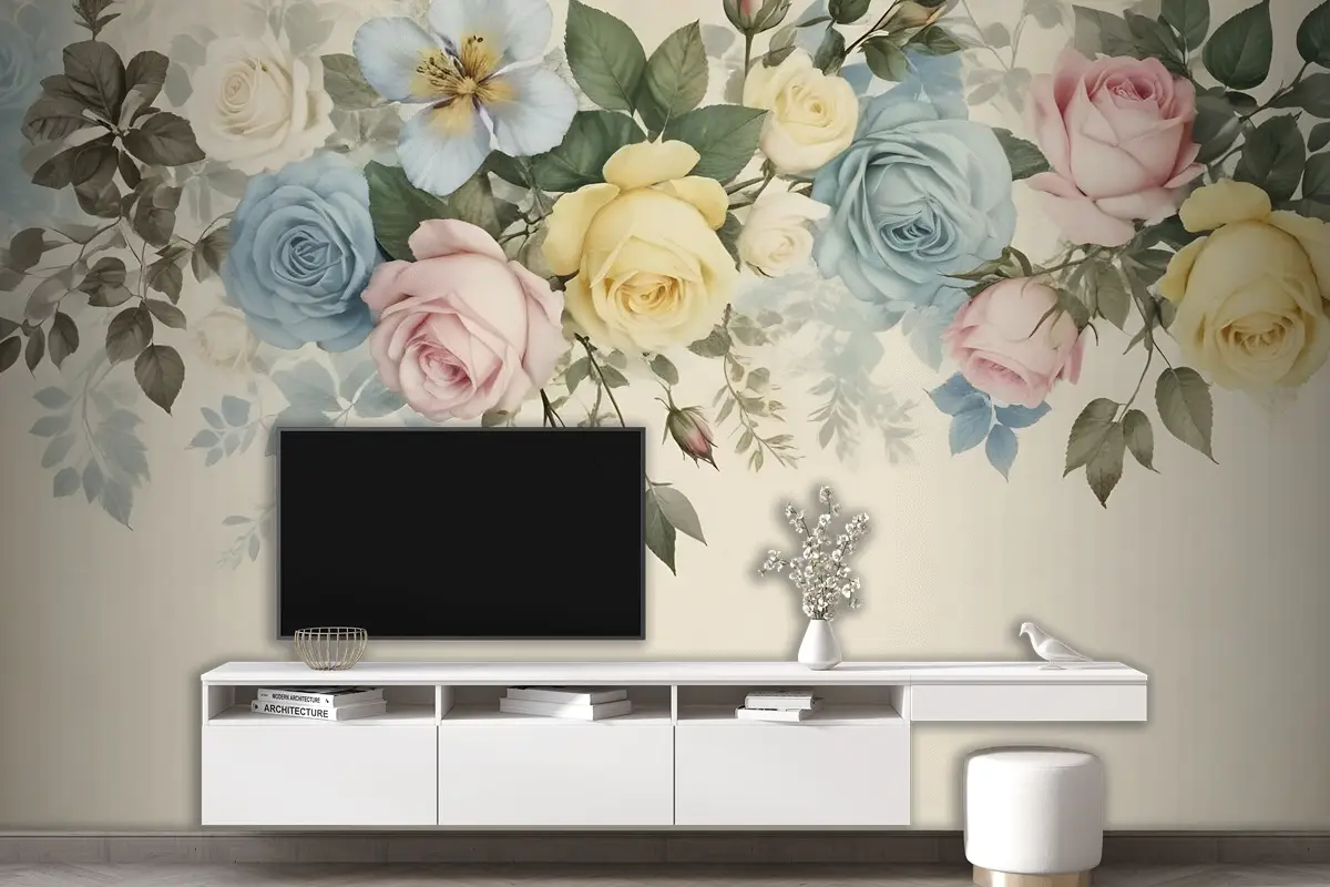 Vintage Renkli Çiçekli Duvar Kağıdı 