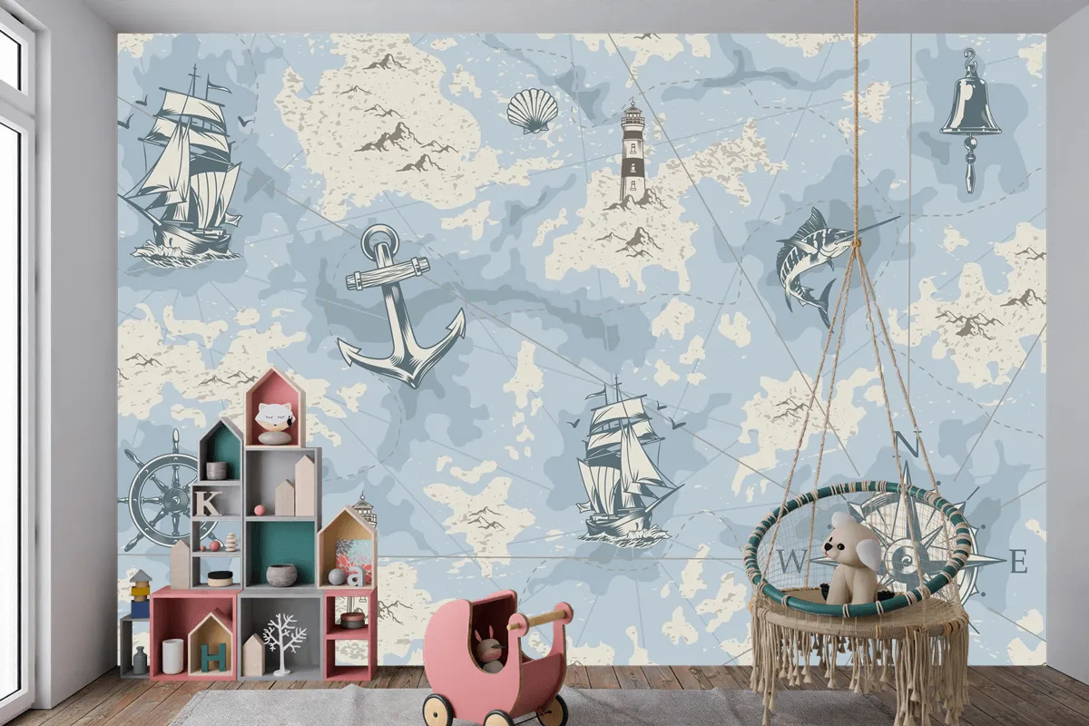 Vintage Denizcilik Eski Harita Çocuk Odası Duvar Kağıdı 