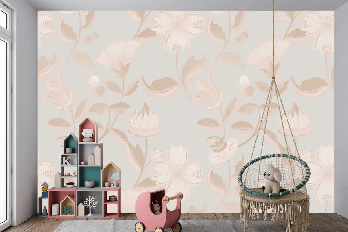 Vintage Nötr Çiçek Desenli Çocuk Odası Duvar Kağıdı 