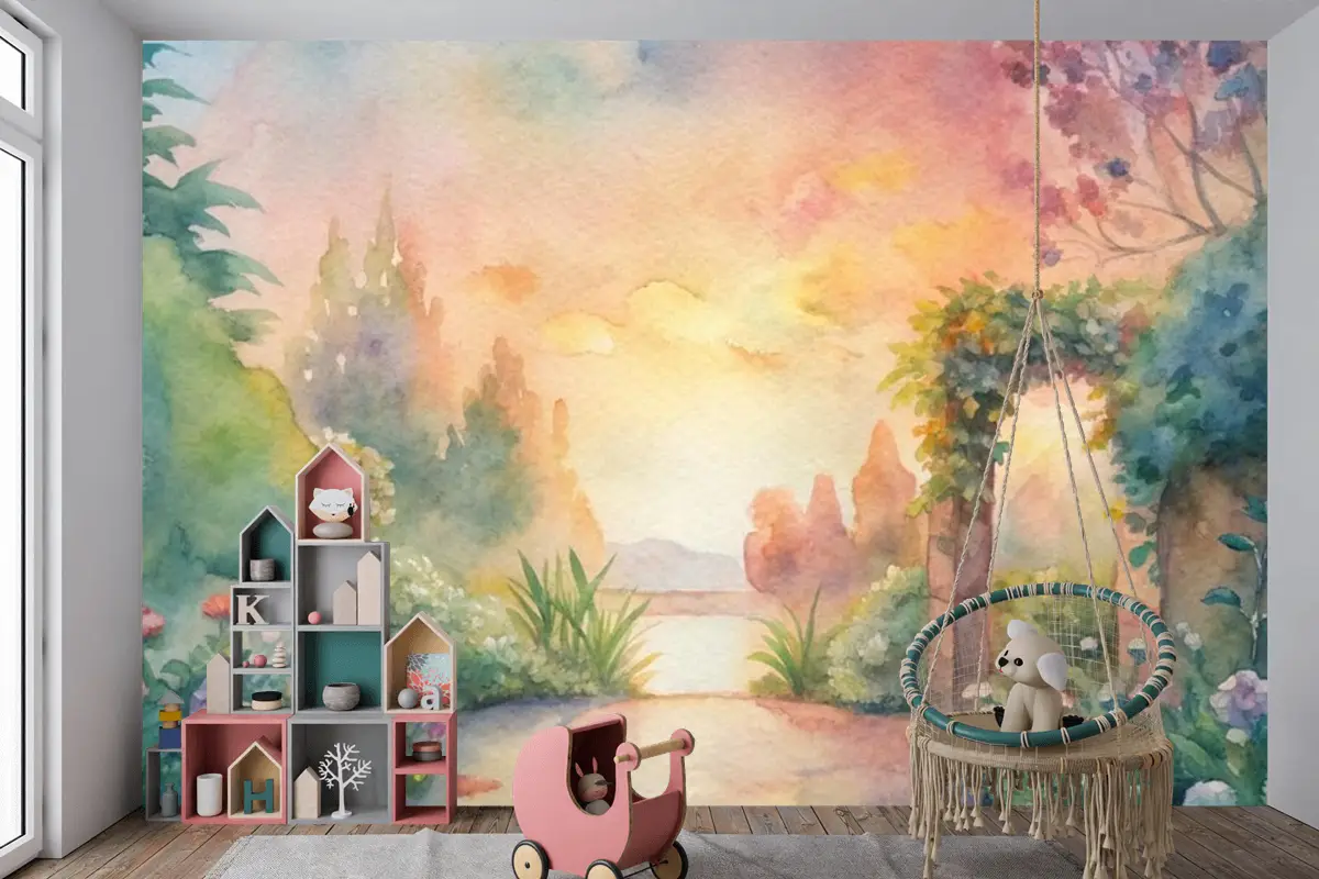 Çiçek Bahçesi Çocuk Odası Duvar Kağıdı  İçeren Suluboya Arka Plan