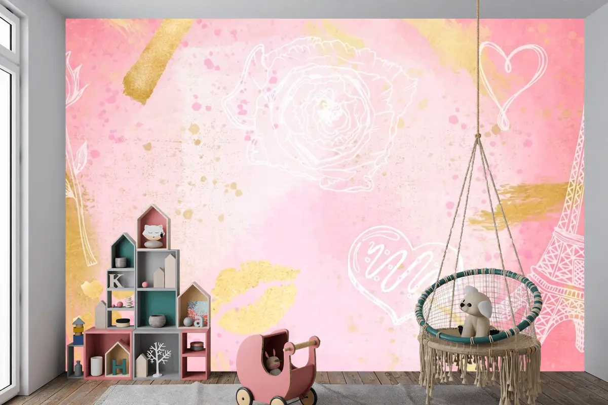 Elle Çizilmiş Öğeler Çocuk Odası Duvar Kağıdı  Ile Suluboya Arka Plan