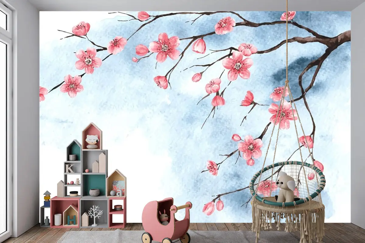 Suluboya Kiraz Çiçeği Çocuk Odası Duvar Kağıdı 