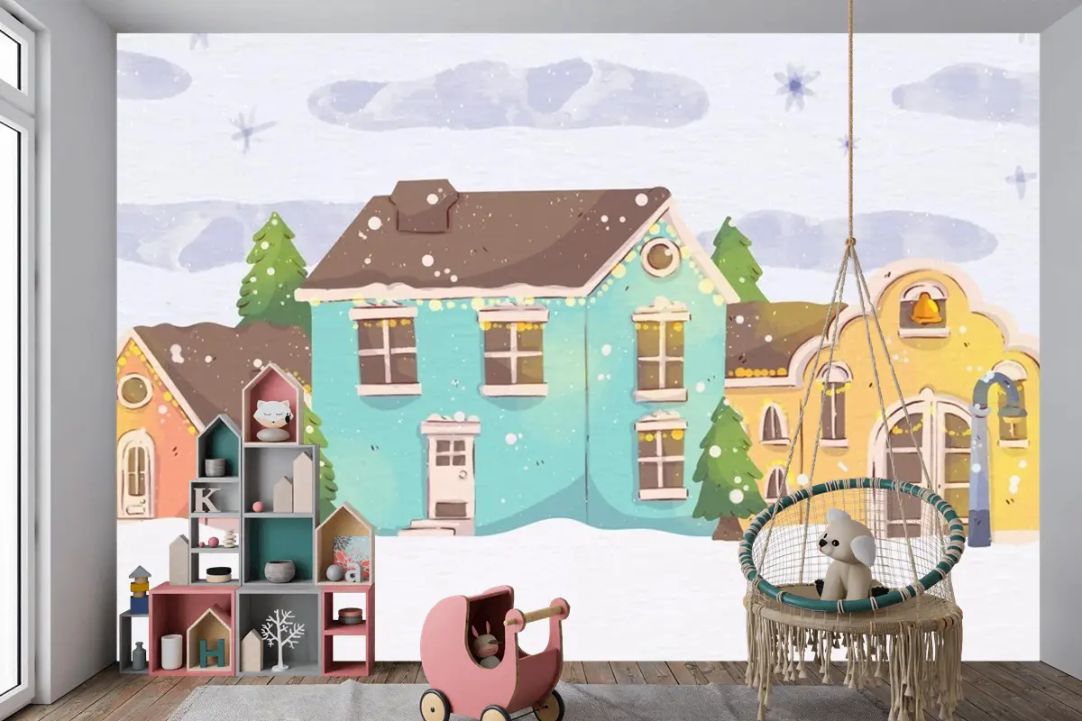Suluboya Noel Kasabası Çocuk Odası Duvar Kağıdı