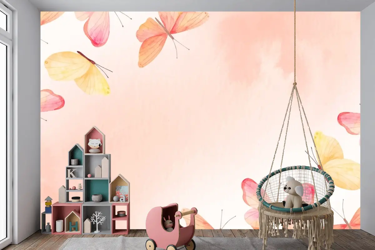 Suluboya Renkli Kelebek Arka Plan Çocuk Çocuk Odası Duvar Kağıdı Duvar