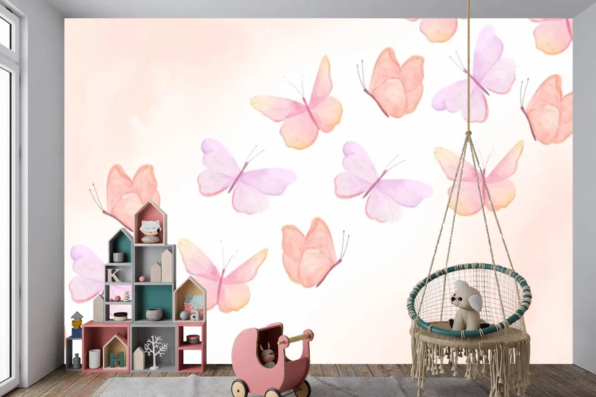 Suluboya Renkli Kelebek Arka Plan Çocuk Odası Duvar Kağıdı 