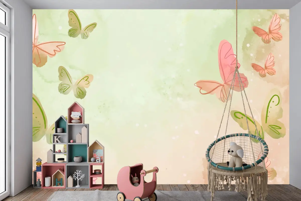 Suluboya Renkli Kelebek Arka Plan Çocuk Odası Duvar Kağıdı 