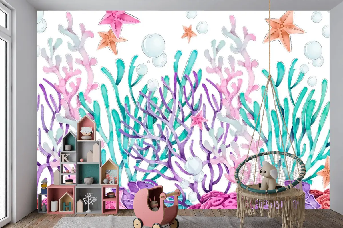 Suluboya Renkli Mercan Arka Plan Çocuk Odası Duvar Kağıdı 